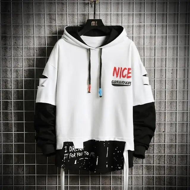 Mens Streetwear Letter Print Patchwork Hoodie Hip Hop Pullover