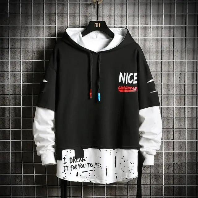 Mens Streetwear Letter Print Patchwork Hoodie Hip Hop Pullover