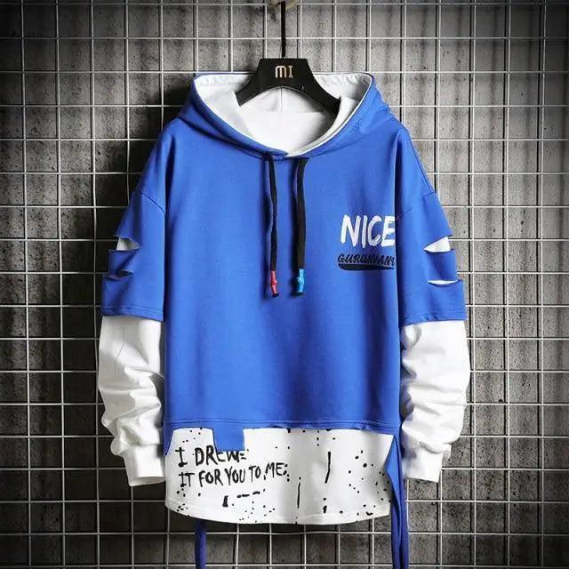 Mens Streetwear Letter Print Patchwork Hoodie Hip Hop Pullover