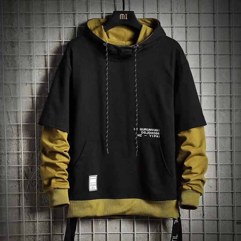 Mens streetwear hoodie with letter print and contrast color patchwork design