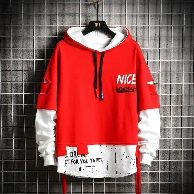 Mens Streetwear Letter Print Patchwork Hoodie Hip Hop Pullover