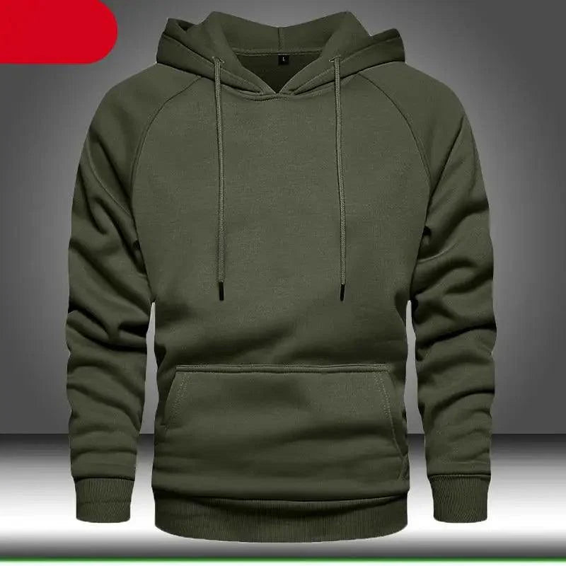 Men wearing a solid color knit streetwear hoodie in olive green, mustard yellow, tan, or charcoal grey.