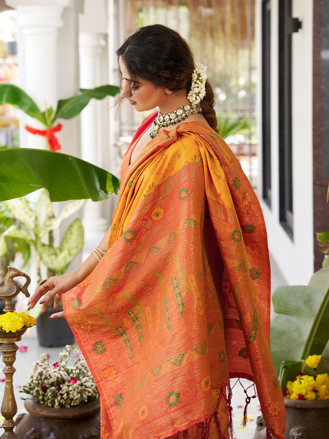 Yellow Soft Silk Saree with Contrast Orange Blouse Piece