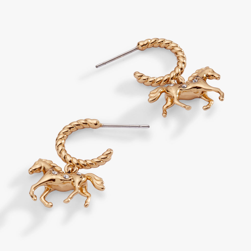 Horse Huggie Hoop Earrings in Gold with Brilliant Crystal Accents