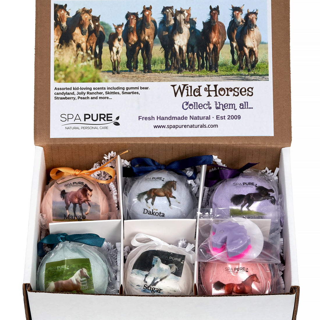 A gift box containing six large, individually wrapped bath bombs, each featuring a horse image, plus a heart-shaped soap.