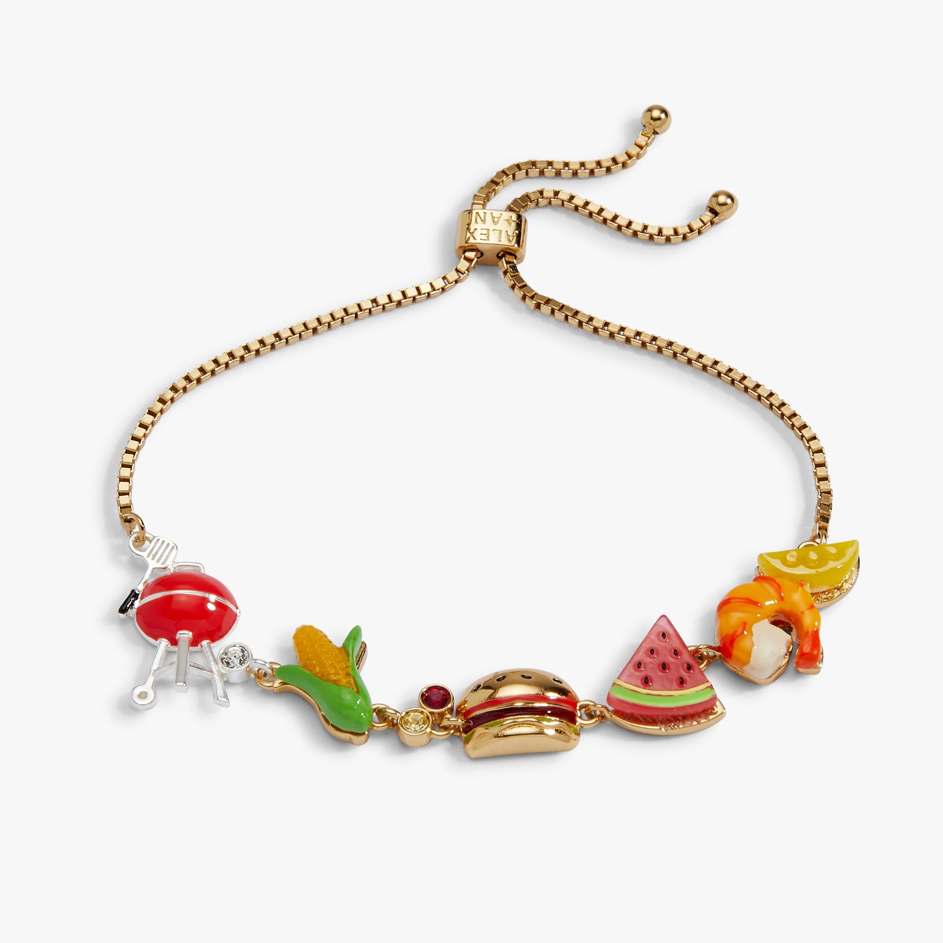 Whimsical two-toned bolo bracelet featuring enamel grill, hamburger, corn, and fruit charms in gold and multicolor.