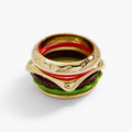Hot Grill Summer Hamburger Stacking Ring with gold, red, brown, and green enamel layers on a finger.