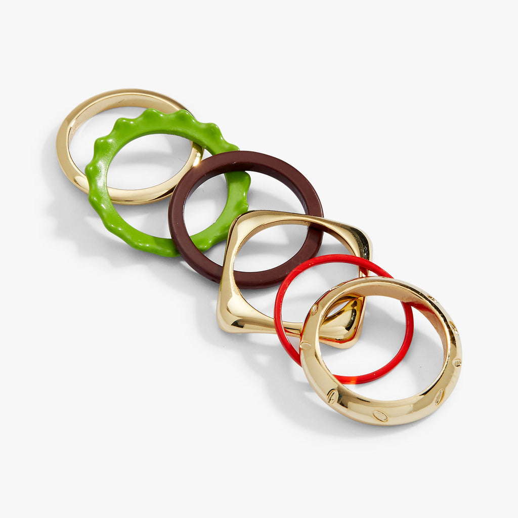 Hot Grill Summer Hamburger Stacking Ring Set in Gold and Enamel