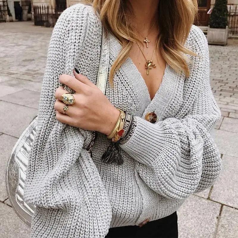 Women's Oversized V-Neck Knitted Button Cardigan Autumn Sweater