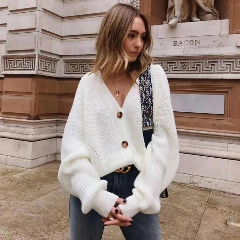 Women's Oversized V-Neck Knitted Button Cardigan Autumn Sweater