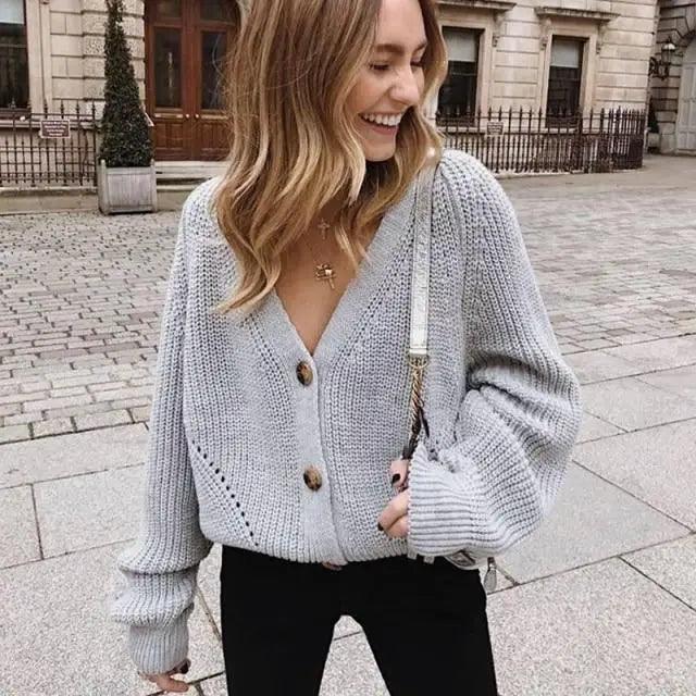 Women's Oversized V-Neck Knitted Button Cardigan Autumn Sweater