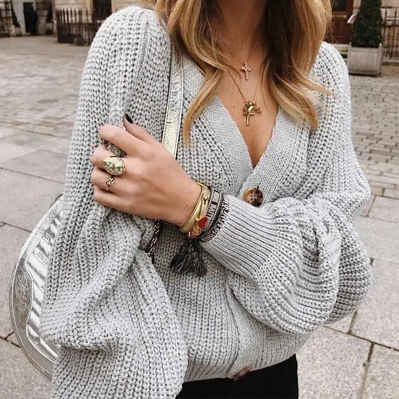 Women's Oversized V-Neck Knitted Button Cardigan Autumn Sweater