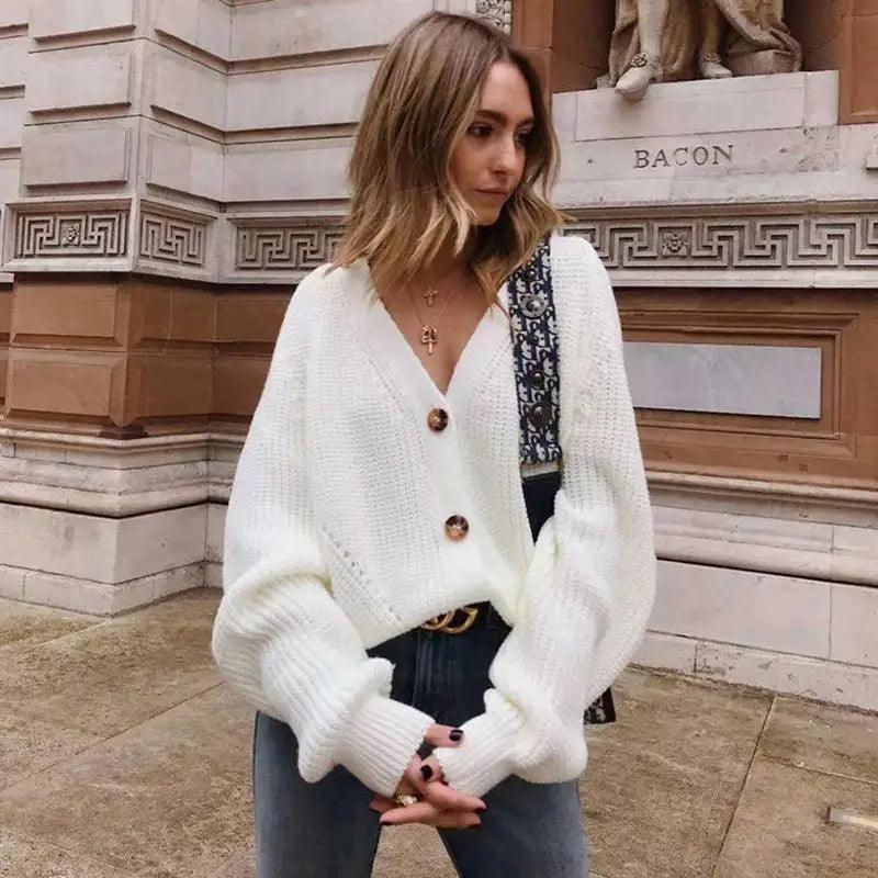 Women's Oversized V-Neck Knitted Button Cardigan Autumn Sweater