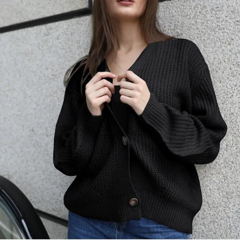 Women's Oversized V-Neck Knitted Button Cardigan Autumn Sweater