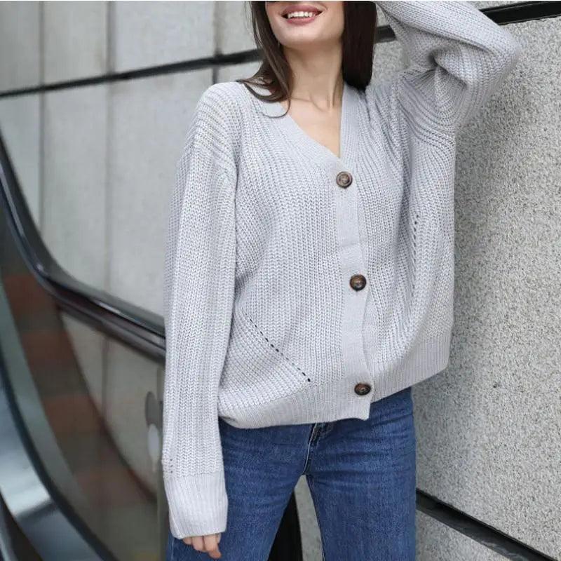 Women's Oversized V-Neck Knitted Button Cardigan Autumn Sweater