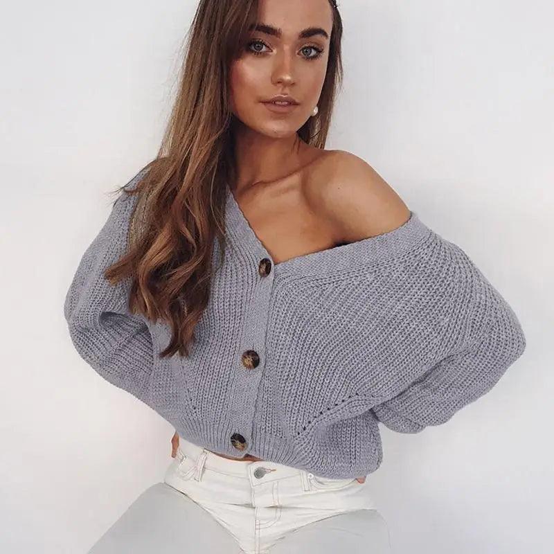 Women's Oversized V-Neck Knitted Button Cardigan Autumn Sweater