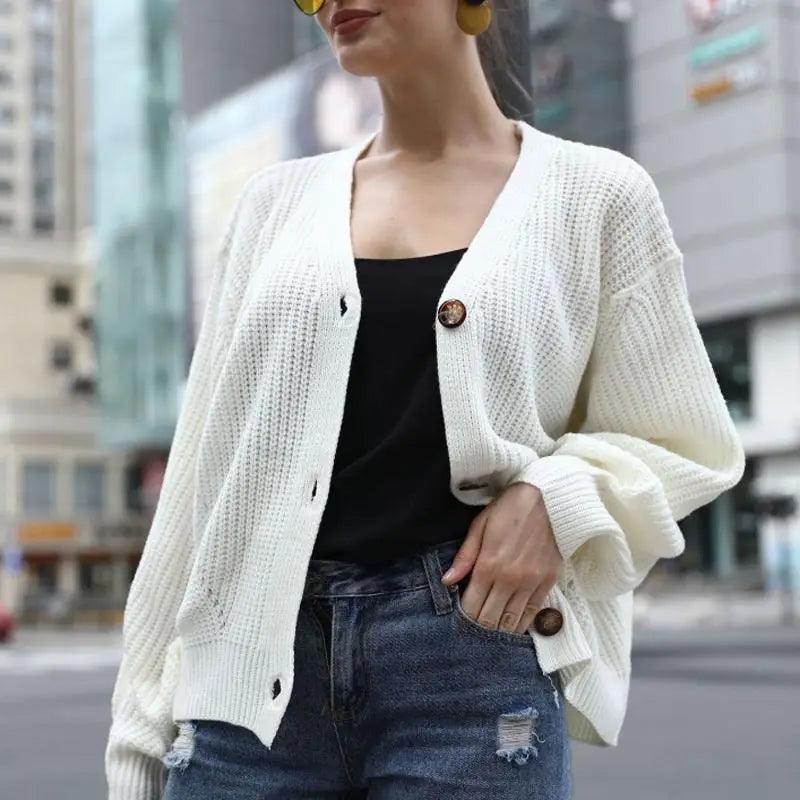 Women's Oversized V-Neck Knitted Button Cardigan Autumn Sweater