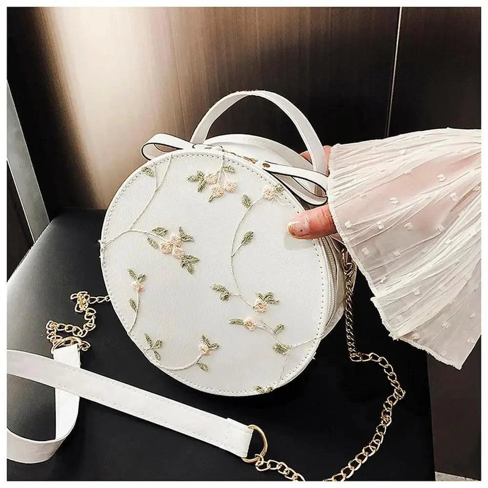 Small sweet lace floral crossbody bag made of high-quality PU leather with a chain shoulder strap.