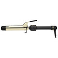 Professional 1.25 inch extended barrel curling iron with gold barrel and matte black handle.