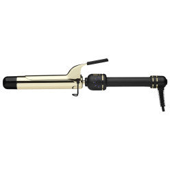 Professional 1.25 inch extended barrel curling iron with gold barrel and matte black handle.