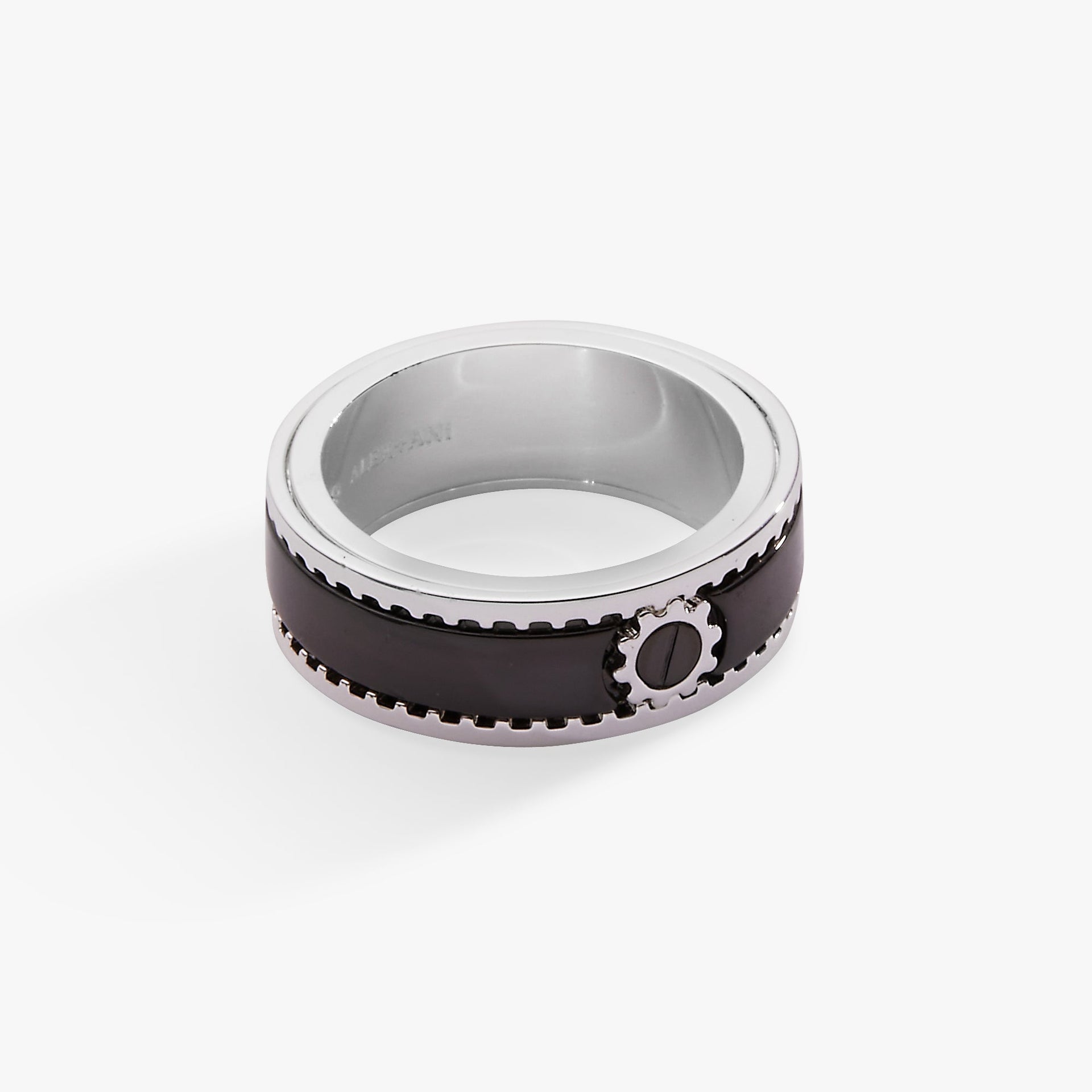 Close-up of a Hot Wheels branded stainless-steel fidget spinner ring in silver and black on a person's hand