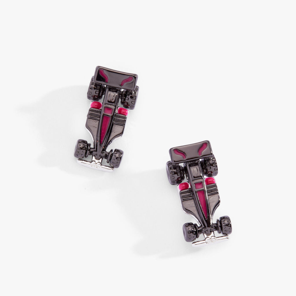 Hot Wheels racecar stud earrings with glossy enamel finish and crystal wheel accents
