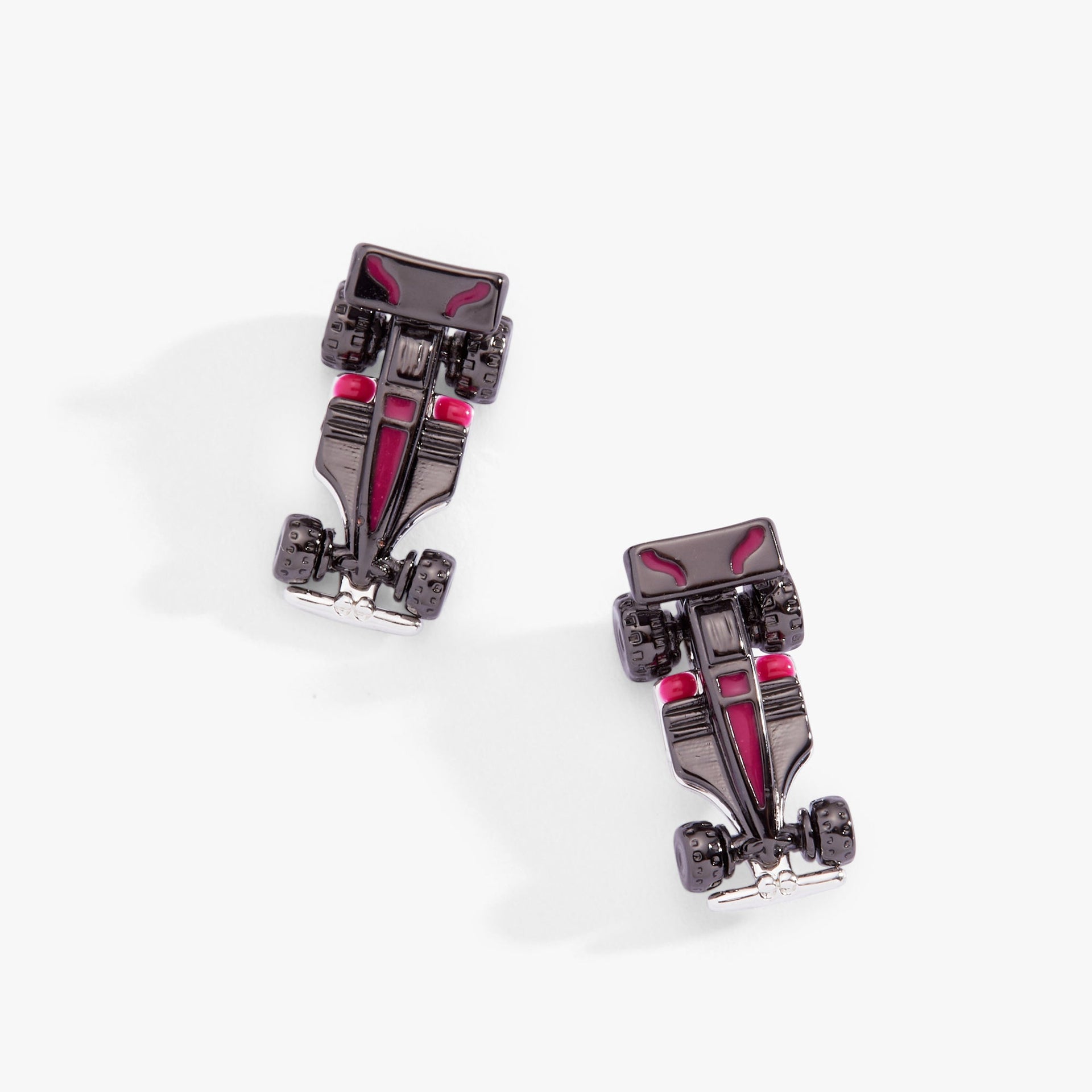 Hot Wheels racecar stud earrings with glossy enamel finish and crystal wheel accents