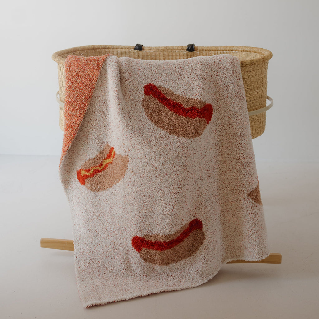 Playful Hot Dog Print Knit Throw Blanket in Cream and Multi