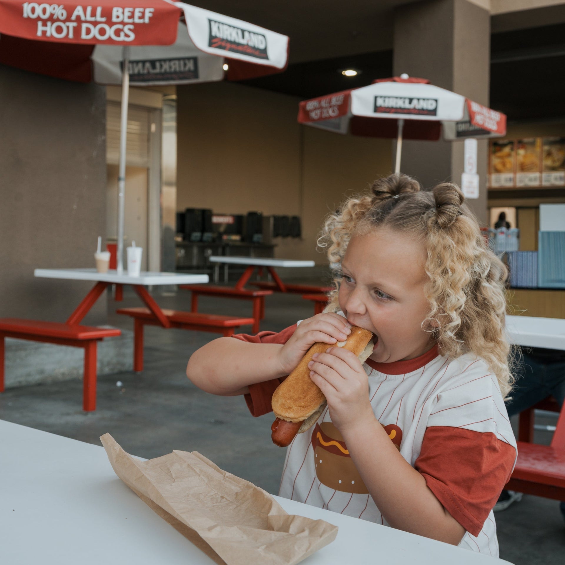 Kids Hot Dog Graphic T-Shirt in White with Pinstripe Detail