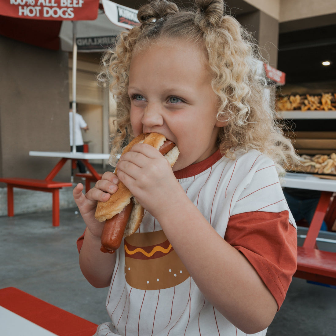 Kids Hot Dog Graphic T-Shirt in White with Pinstripe Detail