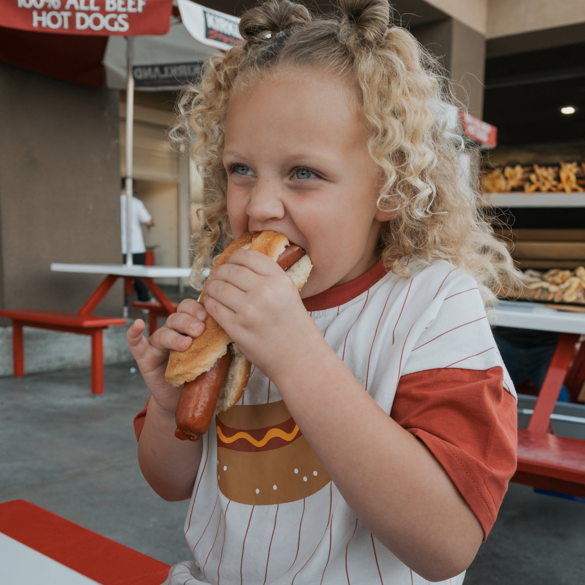 Kids Hot Dog Graphic T-Shirt in White with Pinstripe Detail