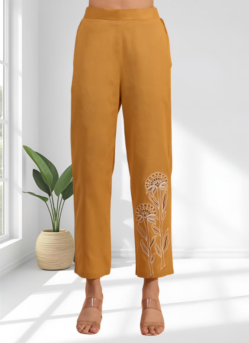Coral Cotton Linen Embroidered Cord Set with Mandarin Collar