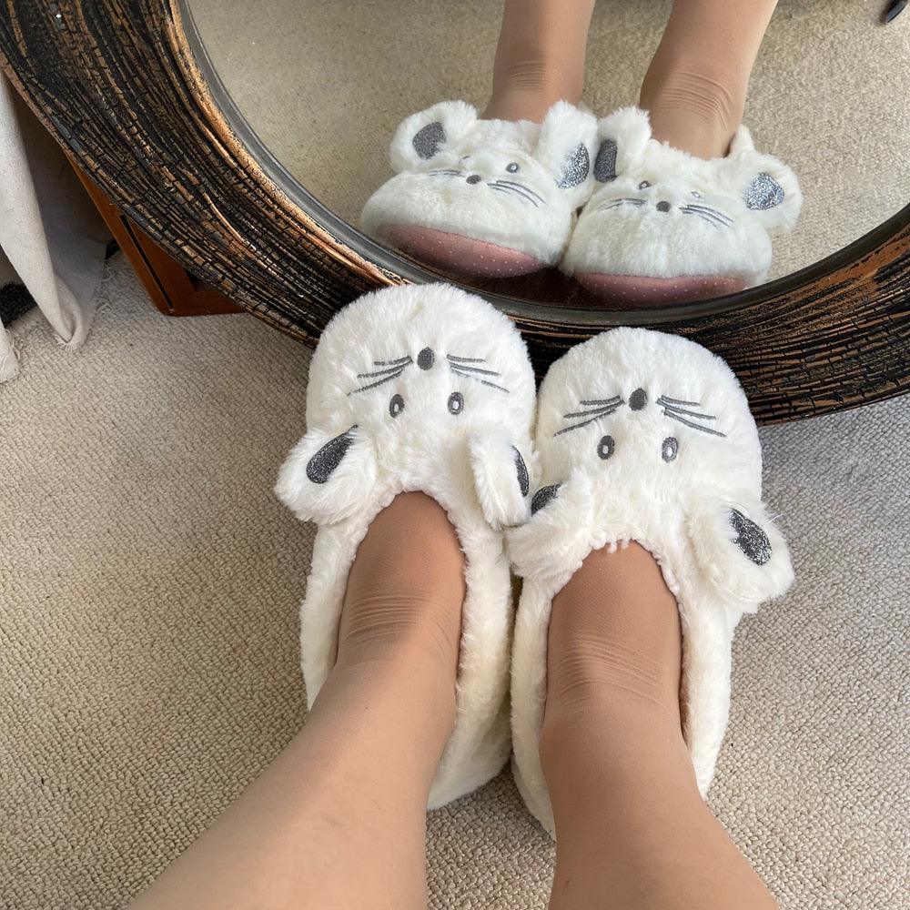Plush women's house slippers with cute mouse ears and memory foam soles