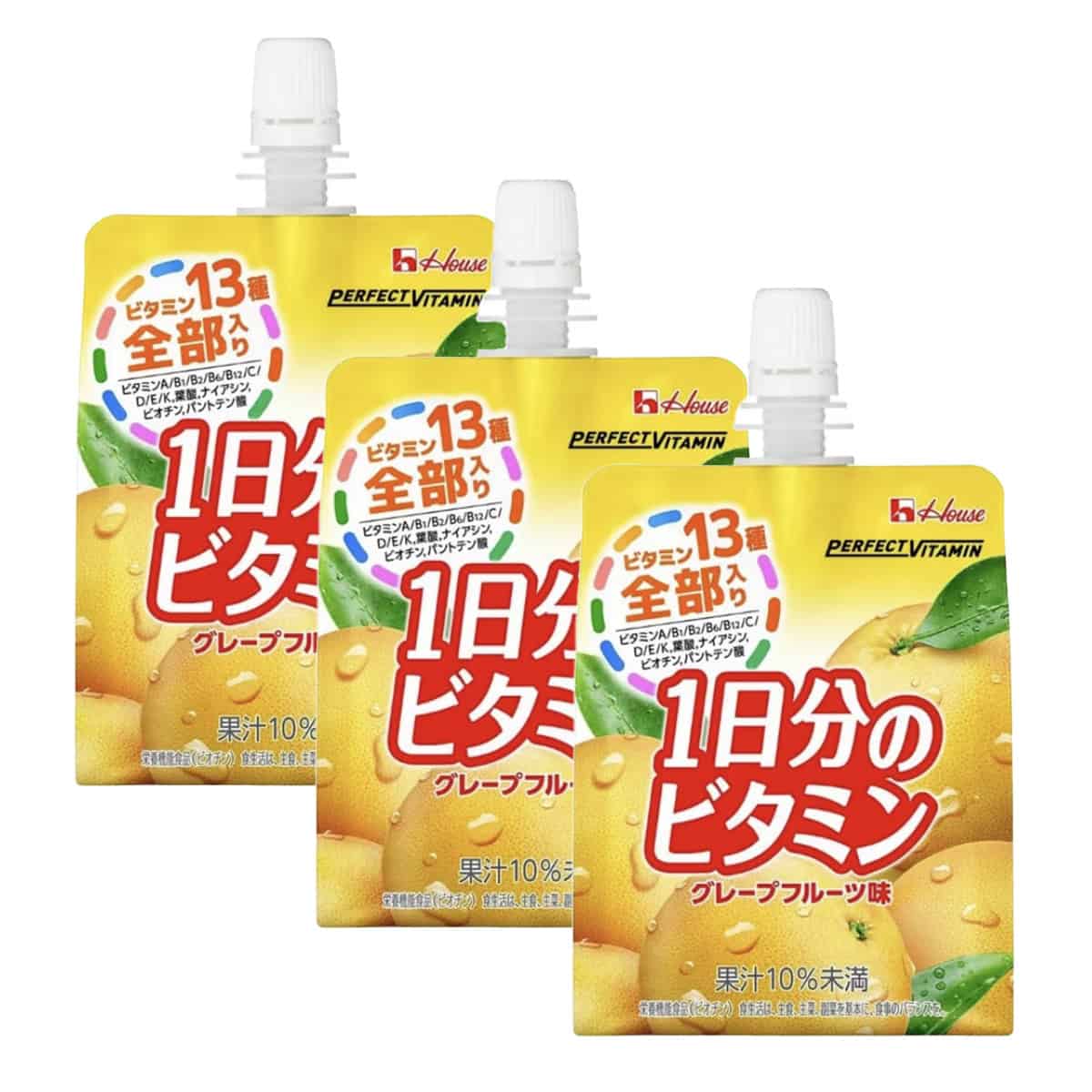Three pouches of House Perfect Vitamin Jelly in vibrant yellow and orange grapefruit-themed packaging.