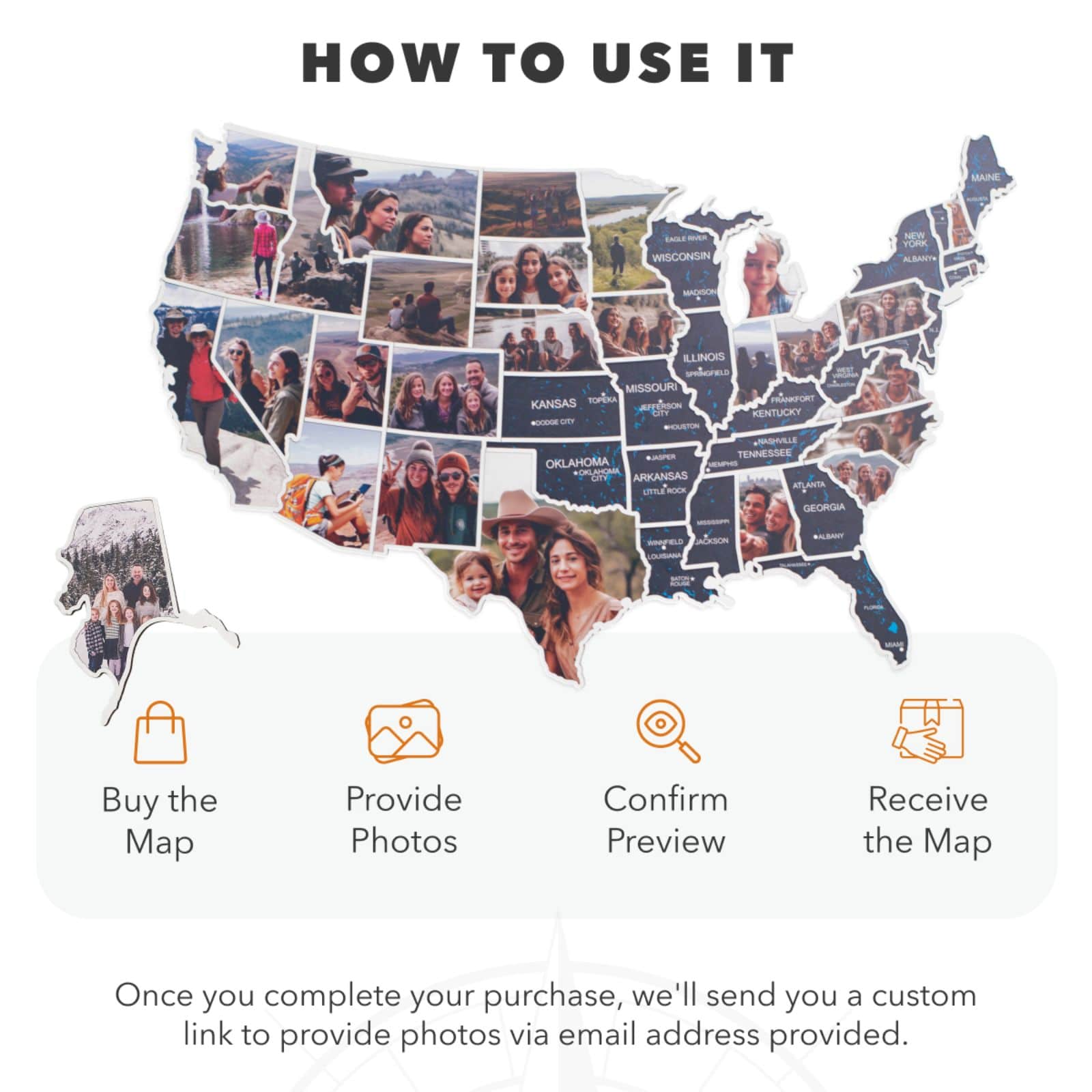 USA Photo Map Midnight Edition for Travel Memory Display
