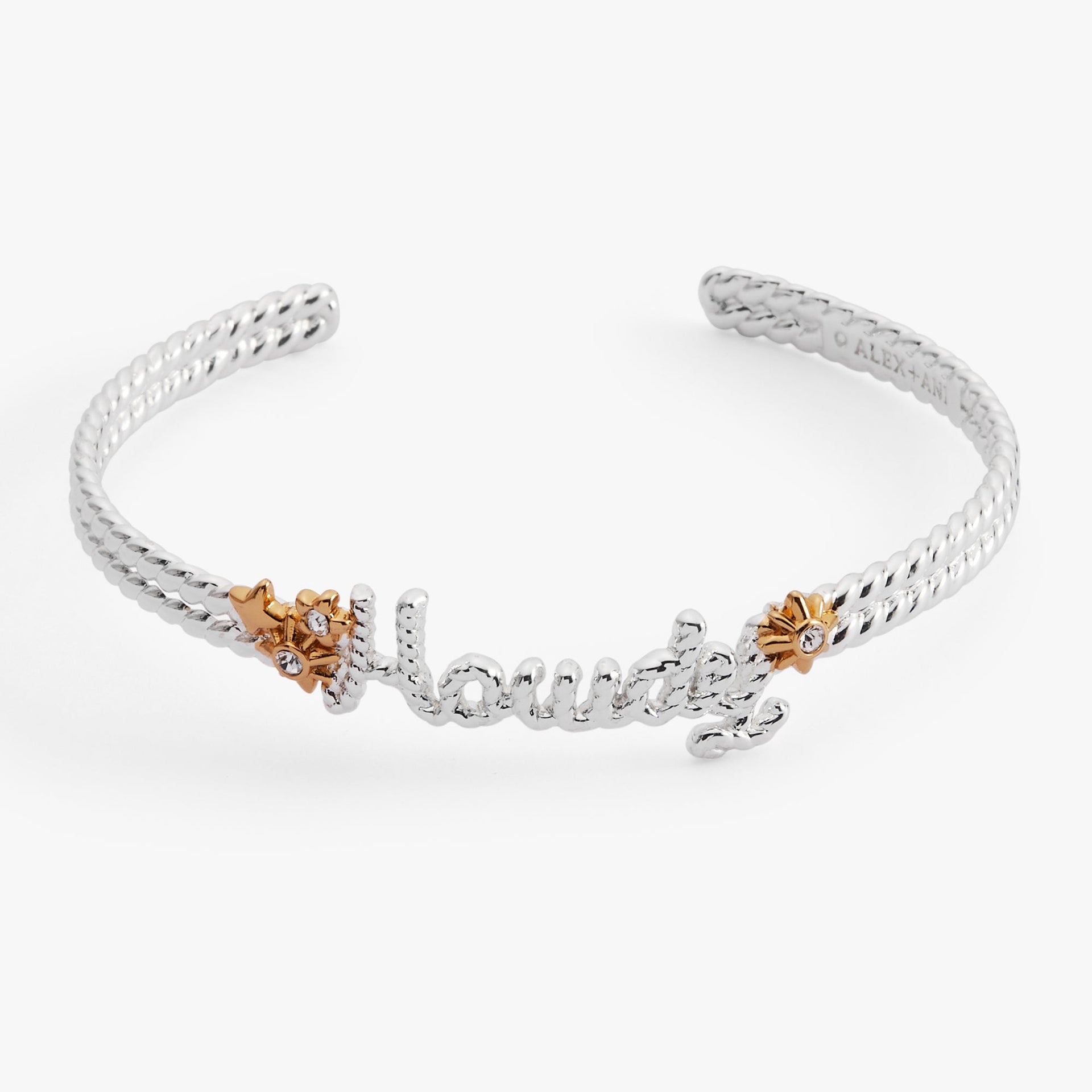 Two-tone western style Howdy cuff bracelet with gold stars and clear crystals