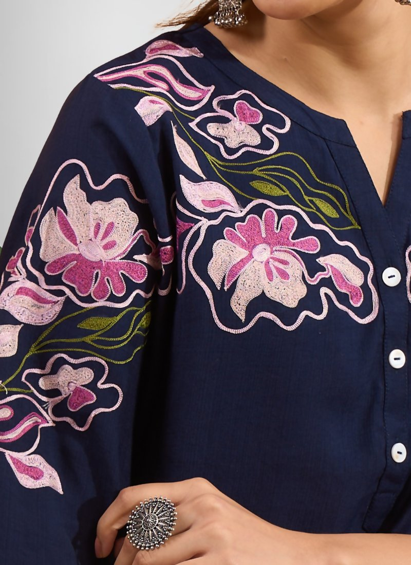 Navy Blue Embroidered Cotton Linen Cord Set - Split V-Neck