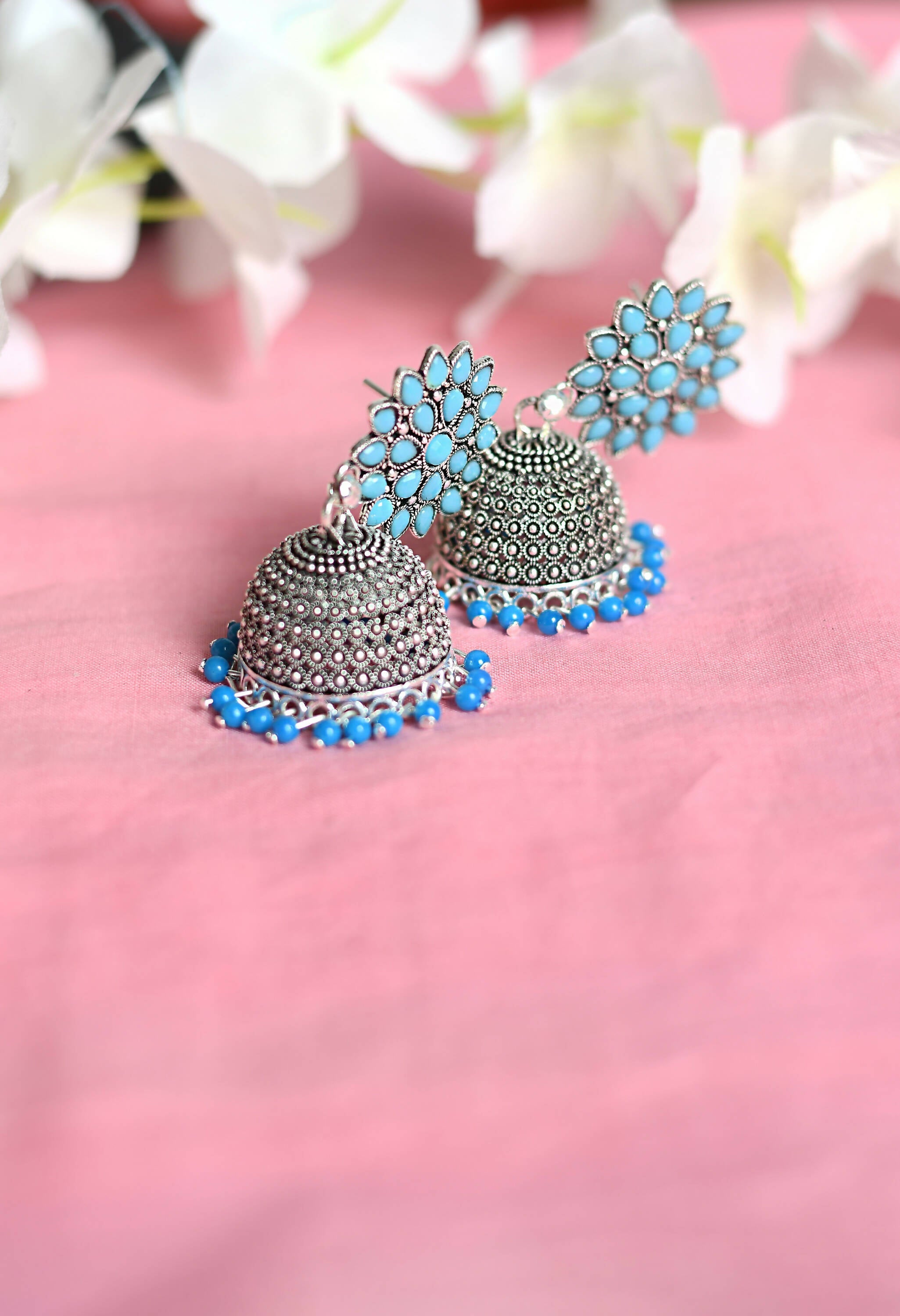 Joharkamal Kundan Jhumka Earrings with Sky Blue Beaded Accents