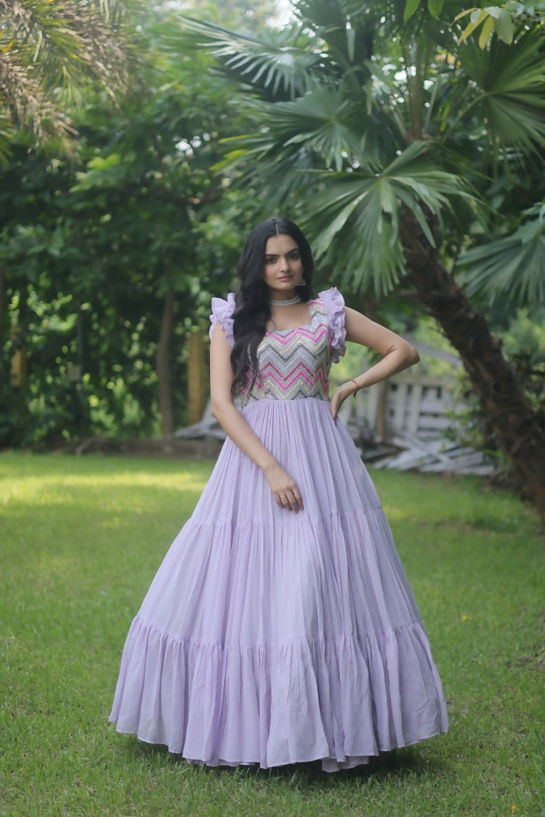 Purple Anarkali dress for women featuring sequins and thread embroidery on faux georgette
