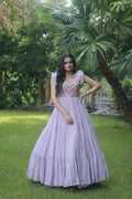 Purple Anarkali dress for women featuring sequins and thread embroidery on faux georgette