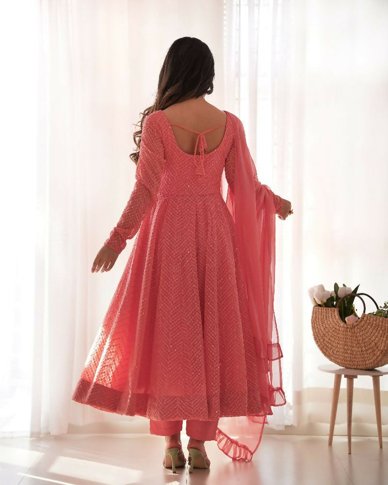Peach Kurta Set with Georgette Sequin Embroidery Work (3-Piece)