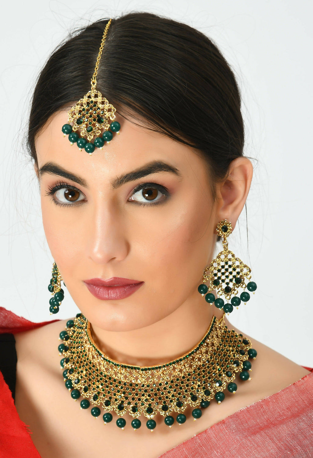 Traditional Rajwadi Design Heavy Gold and Green Necklace Set