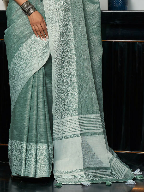 Sea Green Woven Linen Saree with Zari Border and Tassels