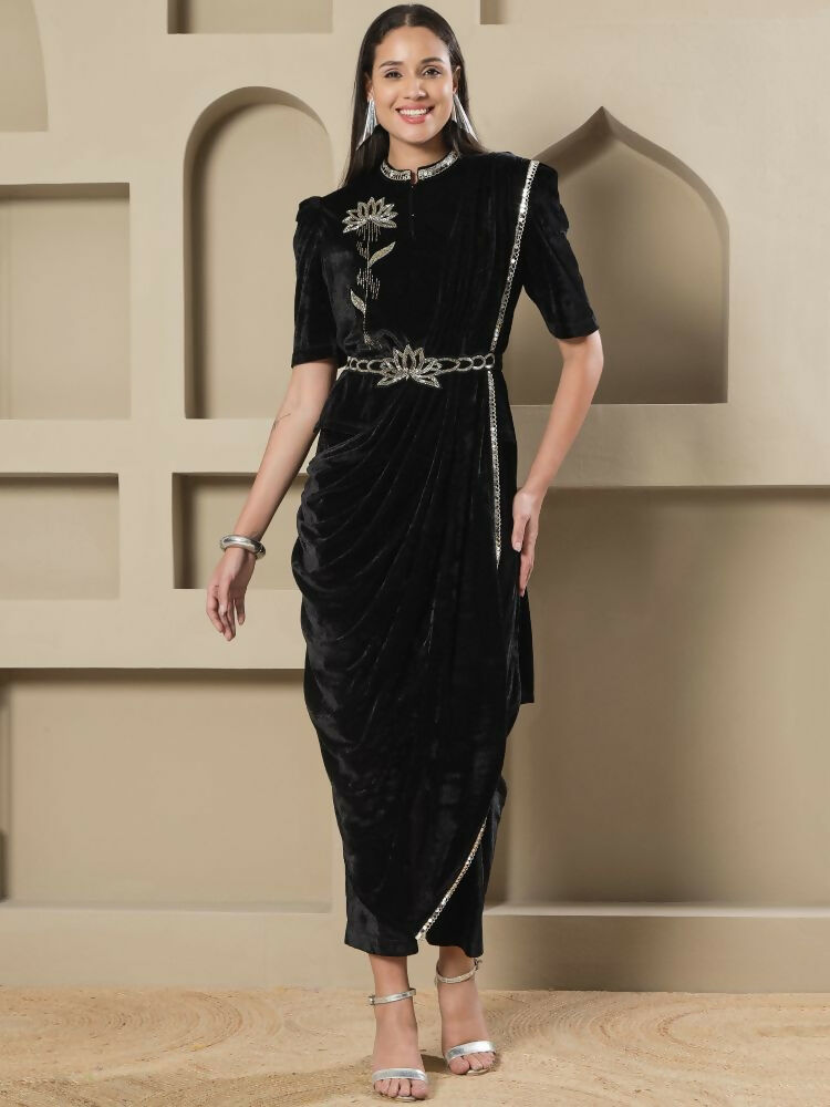 Black Velvet Hand Embellished Long Kurta Set