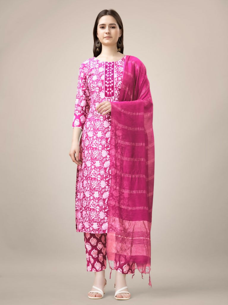 Women's pink rayon printed kurta featuring embroidery and fancy lace work with matching trousers and dupatta.