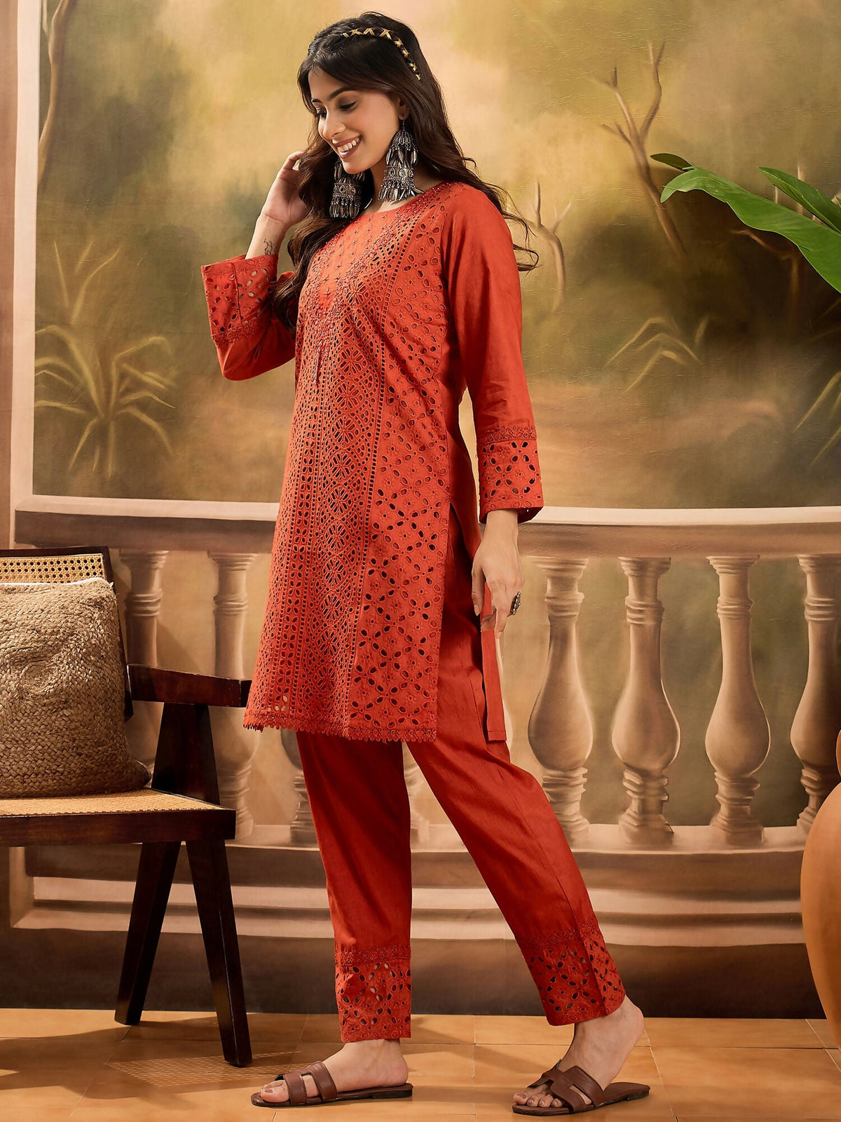 Rust Embroidered Pure Cotton Cord Set - Stylish Co-ord