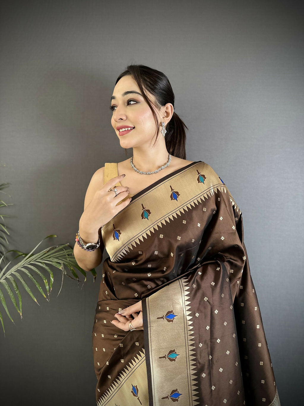 Brown Peacock & Floral Motif Soft Lichi Silk Kanchipuram Saree