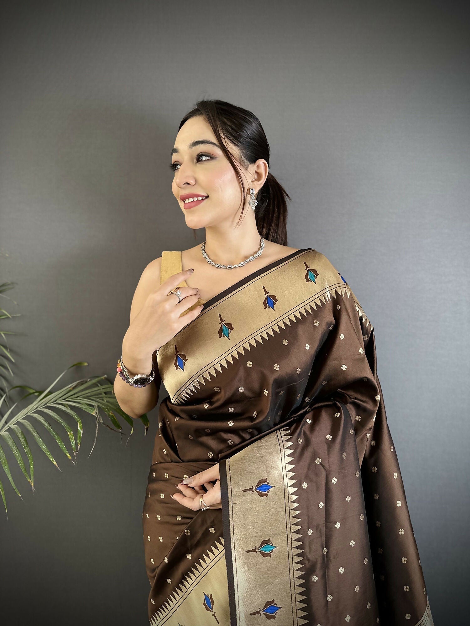 Brown Peacock & Floral Motif Soft Lichi Silk Kanchipuram Saree