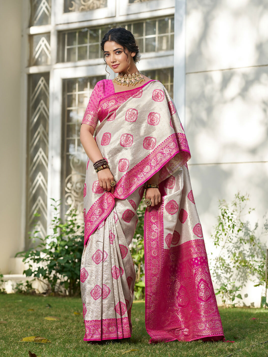 Cream and Pink Silk Blend Saree with Matching Blouse