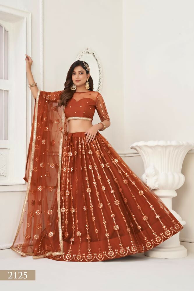 Brown Butterfly Net Lehenga Choli With Mirror Work Embroidery